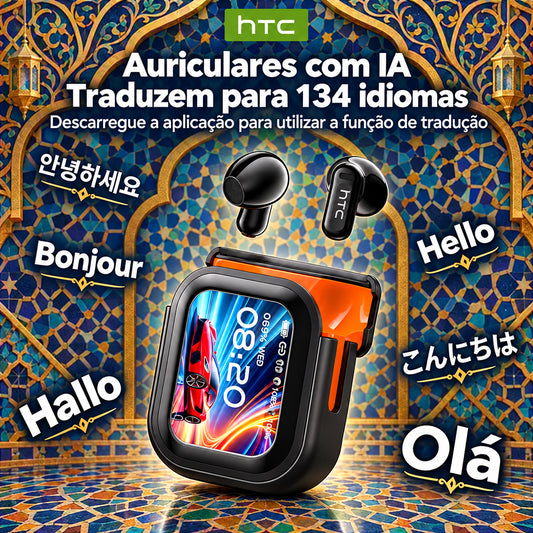 Auriculares Bluetooth HTC NE20 com tradução por IA, ecrã LED tátil, longa autonomia e fita de transporte