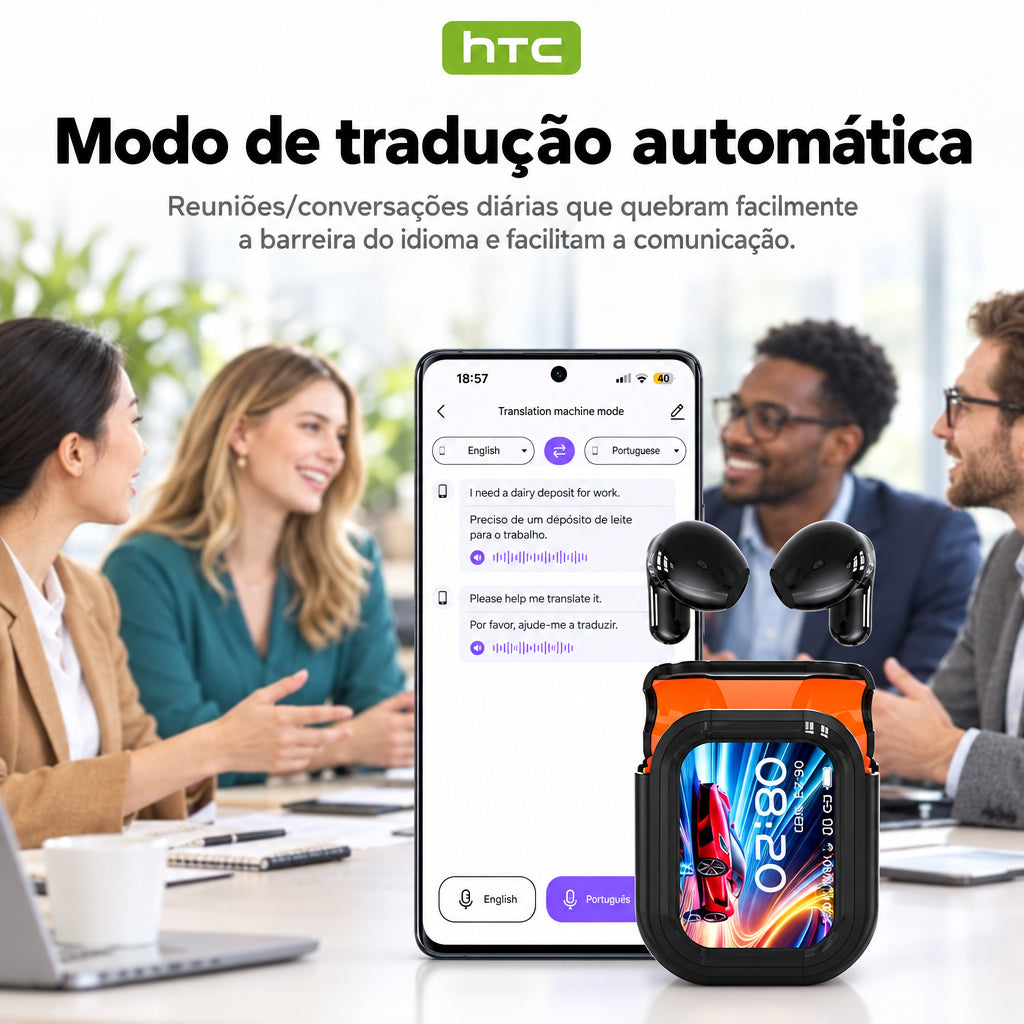 Auriculares Bluetooth HTC NE20 com tradução por IA, ecrã LED tátil, longa autonomia e fita de transporte