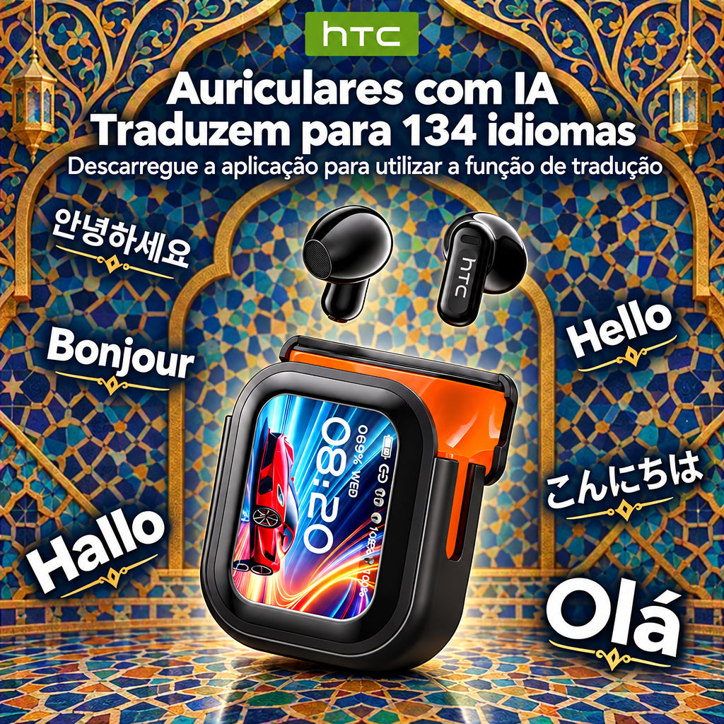 Auriculares Bluetooth HTC NE20 com tradução por IA, ecrã LED tátil, longa autonomia e fita de transporte