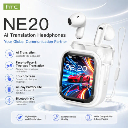Auriculares Bluetooth HTC NE20 com tradução por IA, ecrã LED tátil, longa autonomia e fita de transporte