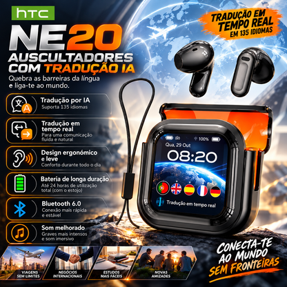 Auriculares Bluetooth HTC NE20 com tradução por IA, ecrã LED tátil, longa autonomia e fita de transporte